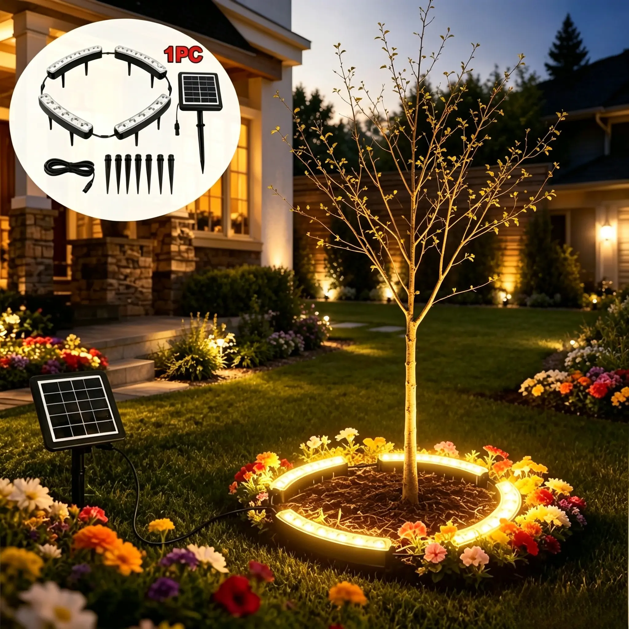 Solar tree ring uplight illuminating an outdoor tree at night