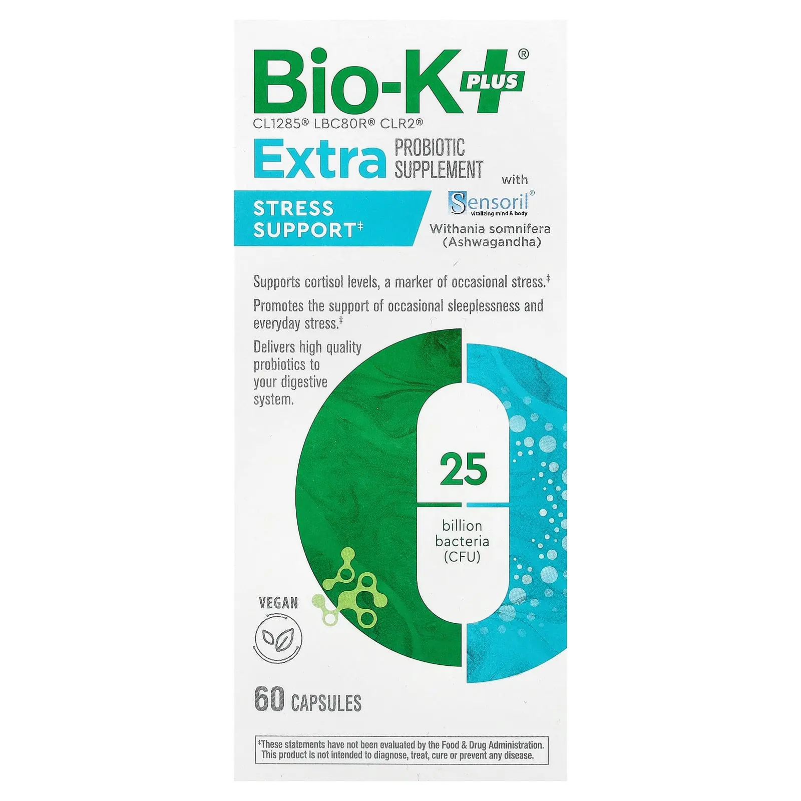 Bio-K+ Extra Probiotic Supplement, Stress Support With Sensoril®, 60 Capsule