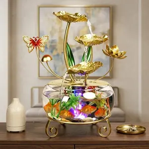 Single unit luxurious gold electroplated lotus waterfall aquarium — 2-in-1 desktop fountain and fish tank, suitable for living rooms, offices, modern home office decor, and gifts.