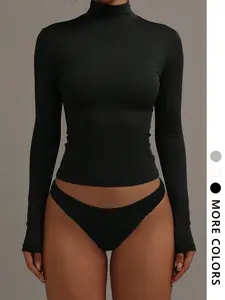 Long Sleeve High Neck Basic T-Shirt, Dual Layer Elastic Tight Fit Top, Casual Slim-Fitting Plain Tee for Fall & Winter