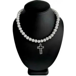 Iced Bling Disco Ball Rhinestone Crystal Beaded Baseball Drip White Snow Necklace + Barbed Wire Cross Pendant