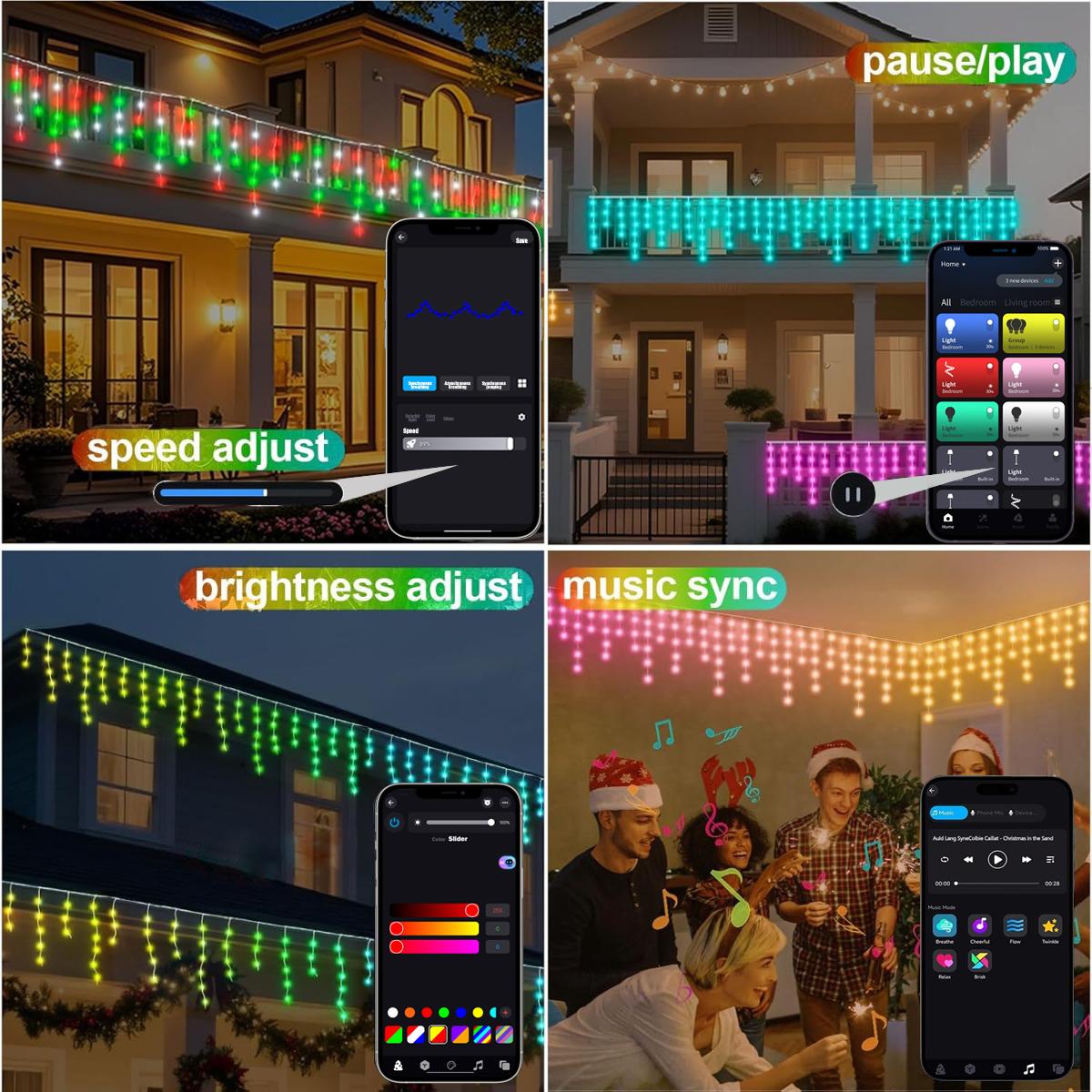 Smart RGB Icicle  Outdoor 20Ft 240LEDs 48 Drops, APP & Remote Control Music Sync Christmas Roof Icicle ,  Millions of Functions,  Clear Wire,Timer, Brightness Adjustable, Color Changing lights lampara