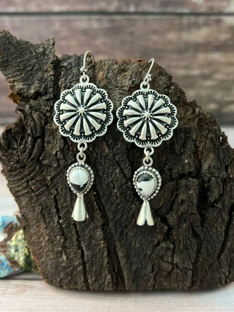 Handmade Sterling Silver White Buffalo Concho Blossom Dangle Earrings "Signed Nizhoni"