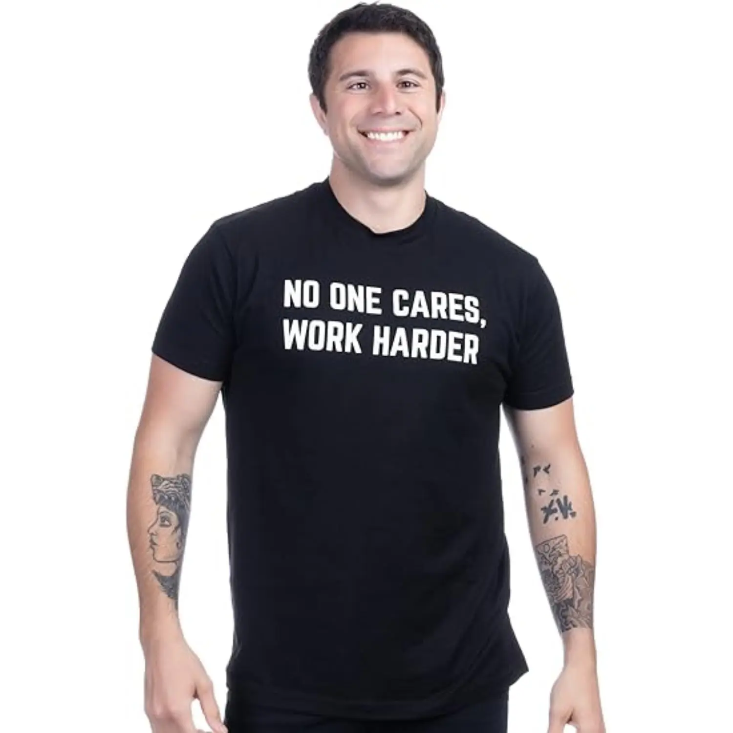 No One Cares, Work Harder | Weight Lifting Saying Workout Tee Shirt, Motivational Phrase T-Shirt for Men
