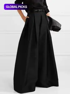 Women's Solid Pleated High-Waist Wide-Leg Pants, Casual Comfy Pocket Trousers for Daily Wear, Ladies Bottoms for All Seasons