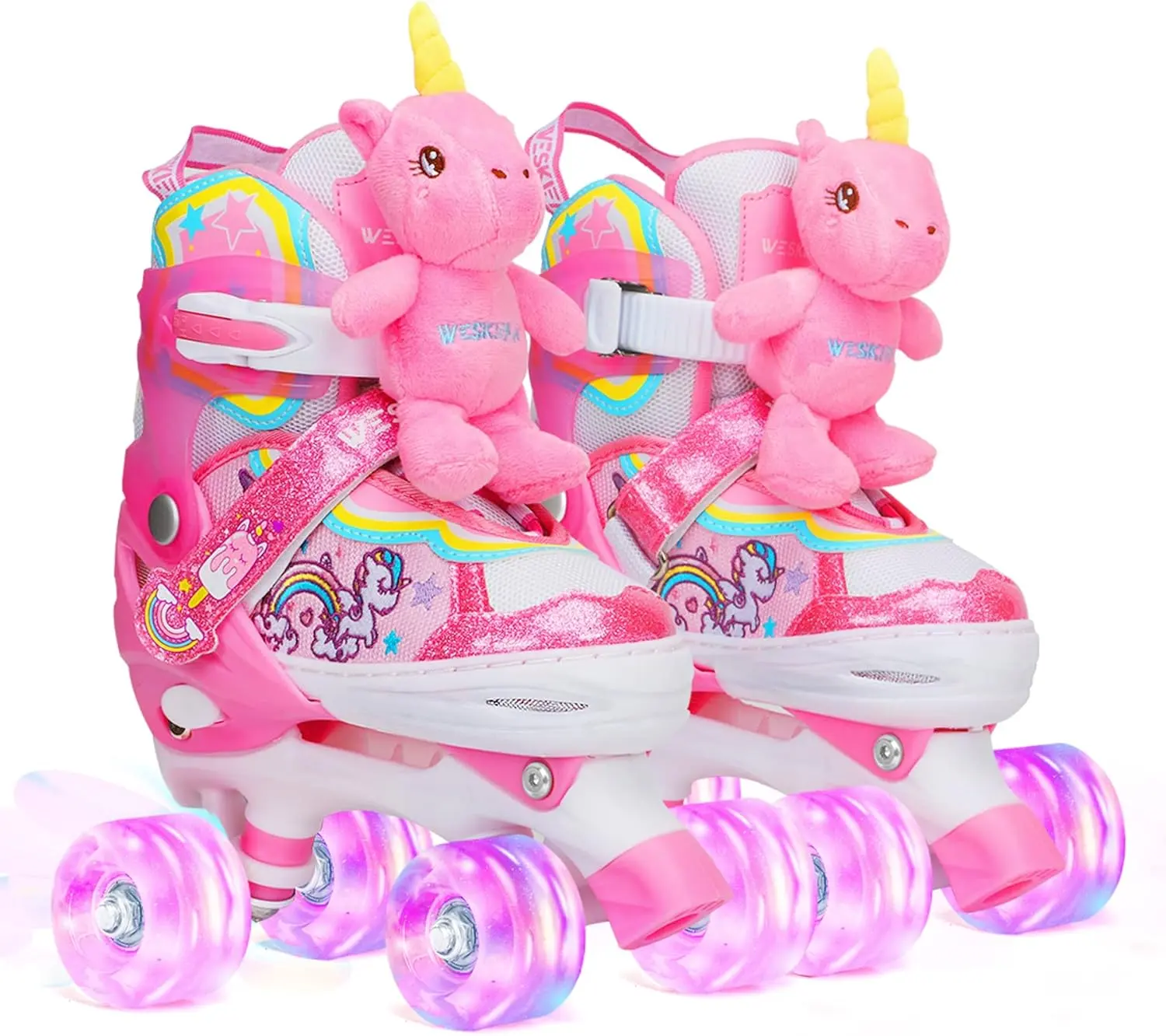 WESKIFAN Kids' Unicorn Doll Quad Roller Skates for Girls, Adjustable Sizes, Shiny Light-Up Wheels, Lightweight Multifunction Beginners' Skating Shoes for Birthday & Xmas Gifts
