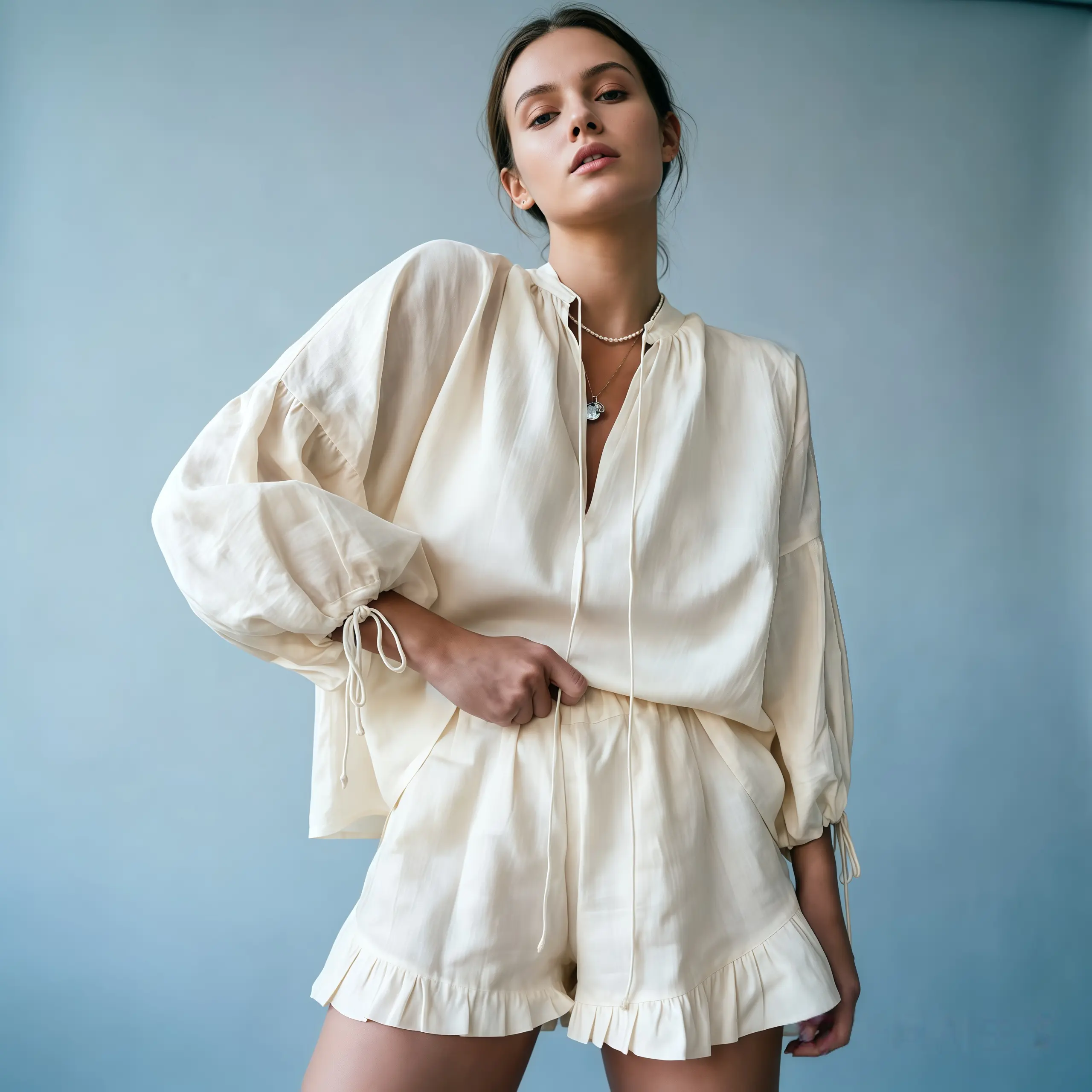 Women's 2-Piece Soft Cotton-Linen Outfits, Summer Beach Resort Matching Set with Drawstring Tie Lantern Sleeve Blouse & Loose Ruffle Hem Short Pants, Daily Loungewear, S-XL