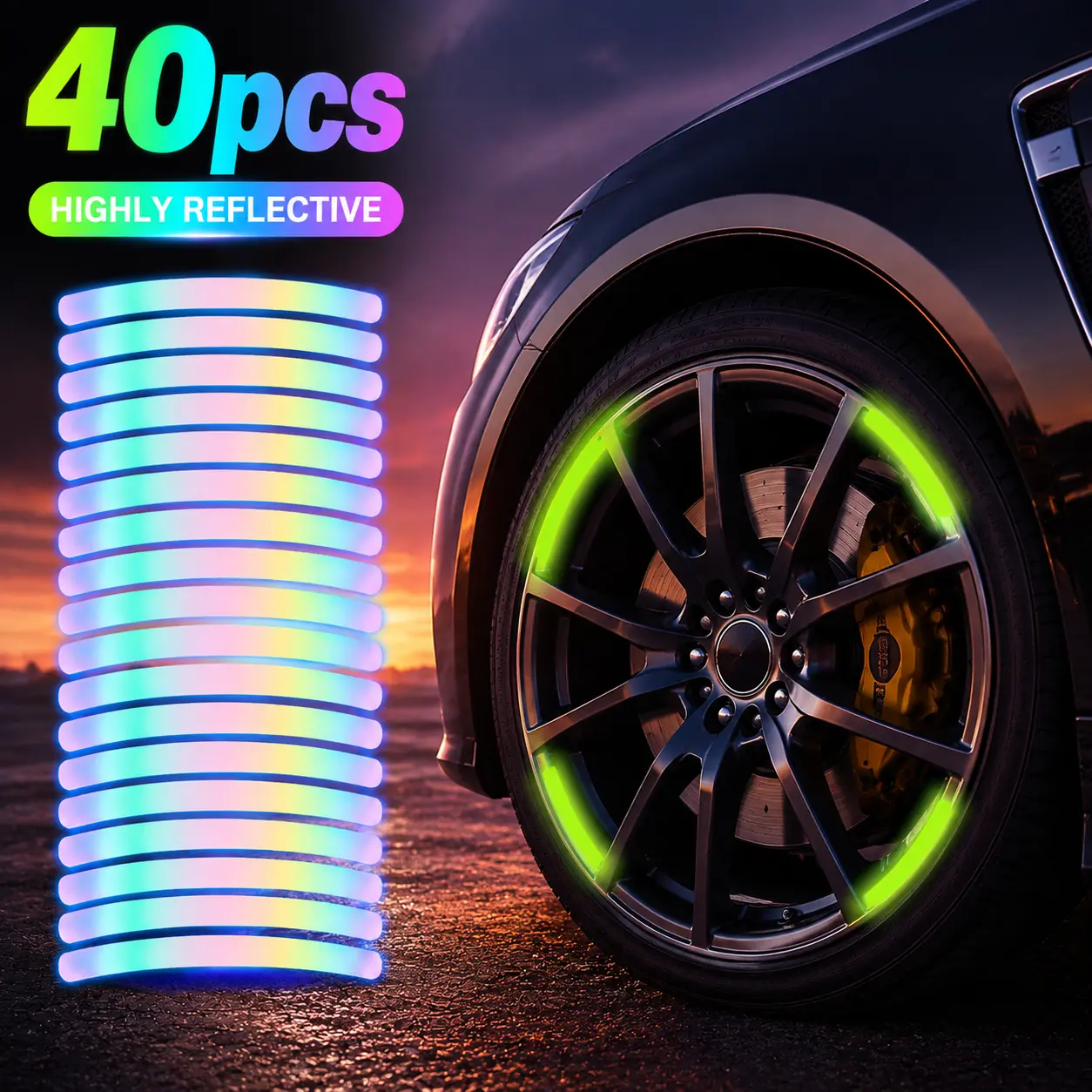 40Pcs Reflective Wheel Hub Stickers, Night Warning Tire Rim Safety Decals, Universal Reflective Stripe Tape for Cars, Motorcycles, Bikes, Scooters, Night Driving, Riding, Road Visibility and Wheel Decoration
