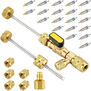 WADEO Valve Core Remover Tool HVAC with Dual Size SAE 1/4 & 5/16 Port, 20 PCS Valve Cores with Teflon Seal, 5 PCS Brass Nuts and Valve Core Rod, Compatible with R410A R32 R22 R12 R407 R404 R600