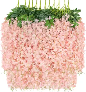12/24Pack Artificial Wisteria Hanging Flowers Fake Wisteria Flower Garland Silk Vines Rattan Decor for Home Wedding Arch Wall Garden Greenery Bedroom Outdoor Office Party Decoration (Light Pink)