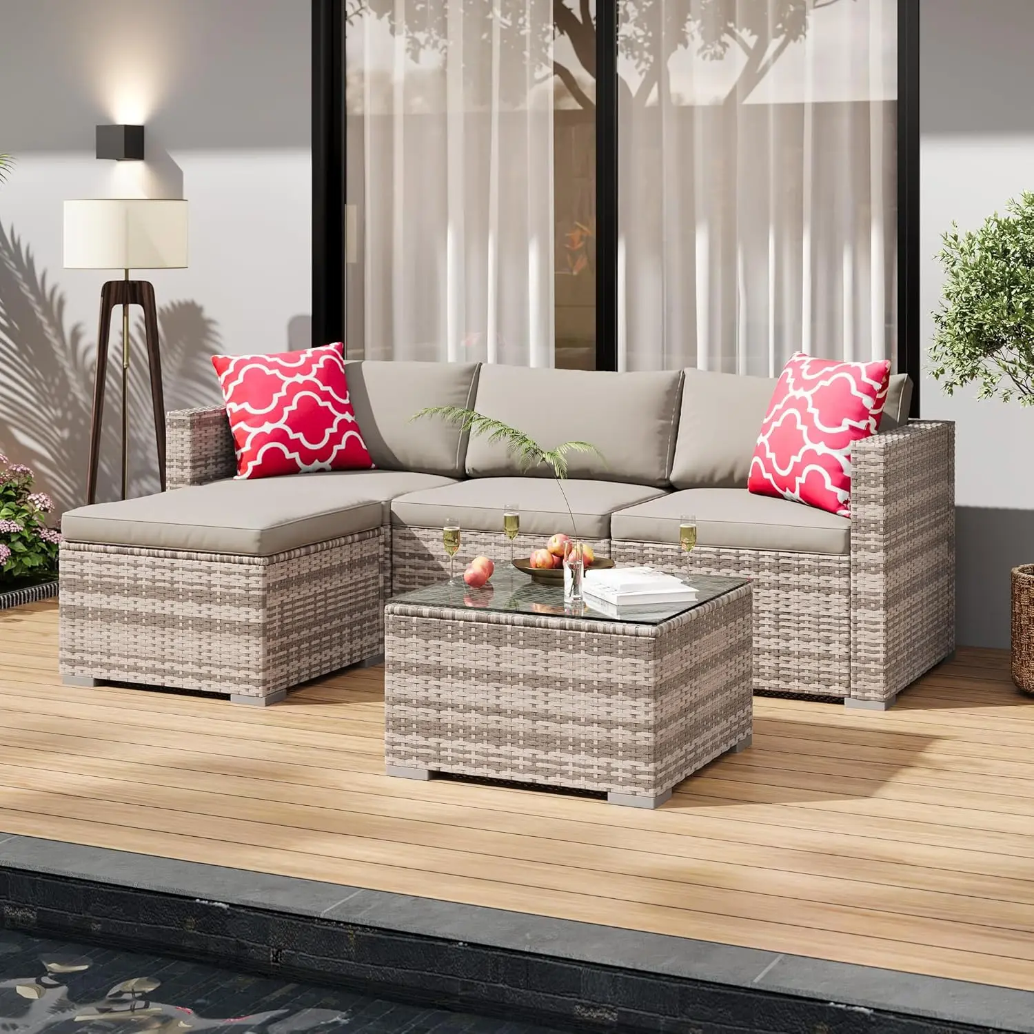 Sturdy, Stable 5-Piece Waterproof Outdoor Patio Furniture Set - Convertible Sectional Sofa with Ottoman, Tempered Glass Table, PE Rattan Conversation Set, Sponge-Padded Cushions (Robust Construction, Proven Durability, Assembly Required, Backyard Use)