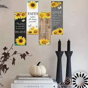 Sunflower & Letter Pattern Inspirational Wooden Hanging Sign, 4 Counts/set Wall Art with Double-sided Tape, Wall Decor for Home Living Room Bedroom, Hangable