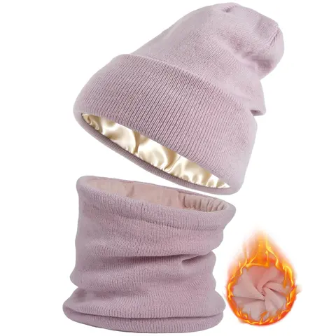 [Buy 1 Hat Get 1 Free Neck Gaiter] Viyawise Men's Acrylic Hat Set - Frizz-Cut Satin Lining, 4 Classic Colors, Solid Beanie, Ultra Soft, Stretchy Ribbed Knit, Foldable, Hair Protection, Gift-Ready Set, Fashionable, Exceptional Warmth, Ideal for Daily Use