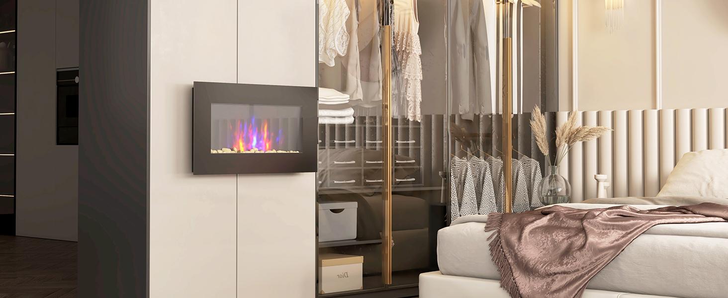 HOMCOM 1500W Electric Wall-Mounted Fireplace with Flame Effect, 7 Color Background Light, Black