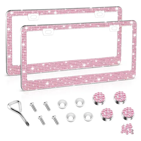 2 Pack Pink Rhinestone License Plate Frames, Stainless Steel Car Accessories, Universal Fit for US Canada Vehicle Decor