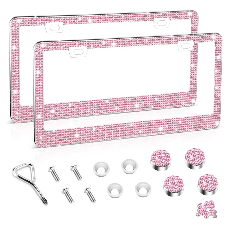 2 Pack Pink Rhinestone License Plate Frames, Stainless Steel Car Accessories, Universal Fit for US Canada Vehicle Decor