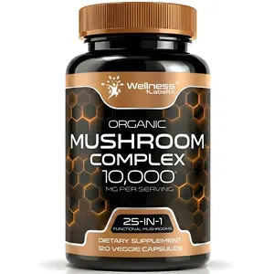 WELLNESS LABSRX Mushroom Supplement Capsules 10:1 Extract, Mushroom Complex Capsules 1000mg, Lions Mane Supplement with Turkey Tail, Cordyceps, Reishi - 120 Count Fitness Edible Dietary Natural