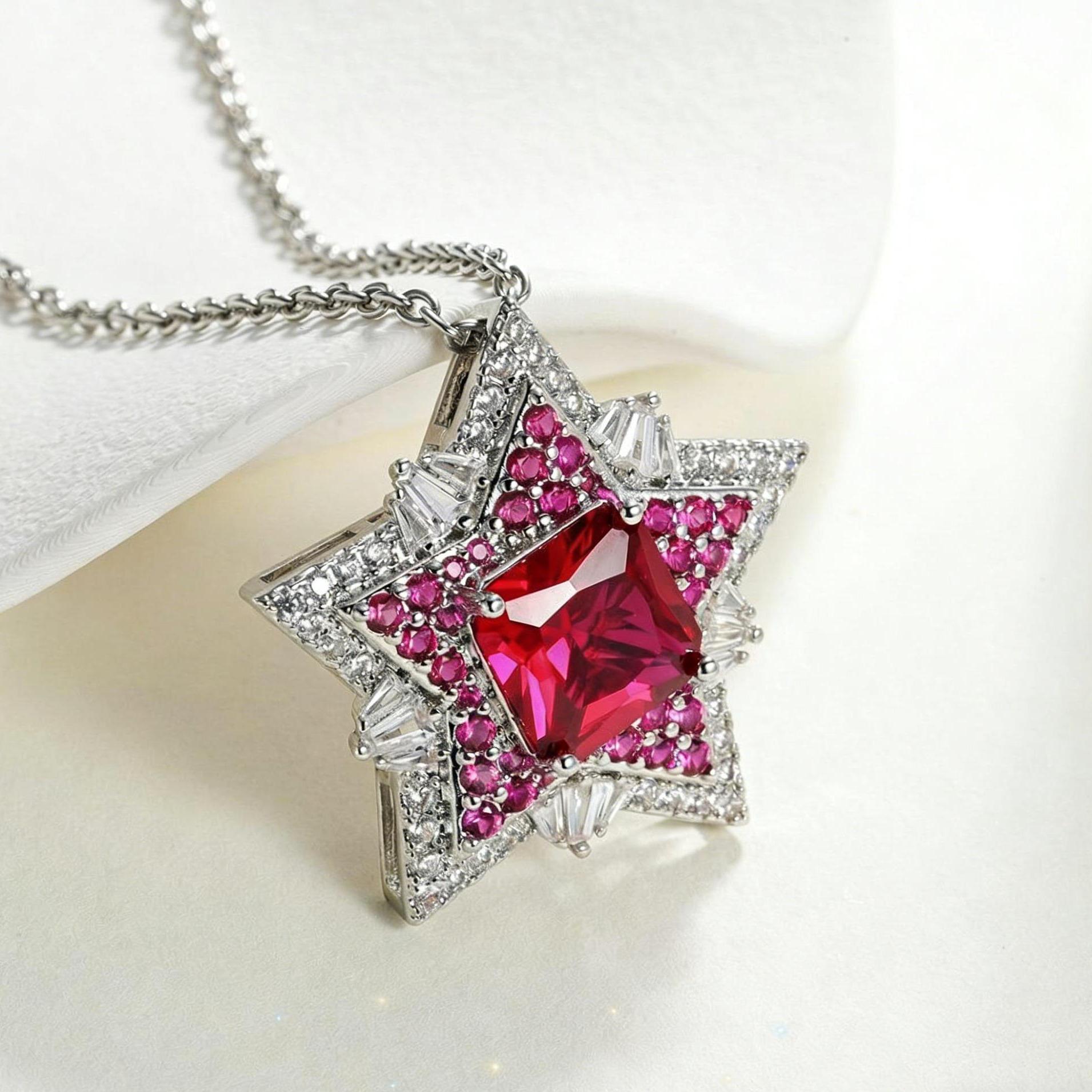 Red Ruby Five-Pointed Star Diamond Pendant Necklace for Women — Fashionable, Elegant, Suitable as a Birthday Gift, Graduation Party Gift, or Mother’s Day Gift