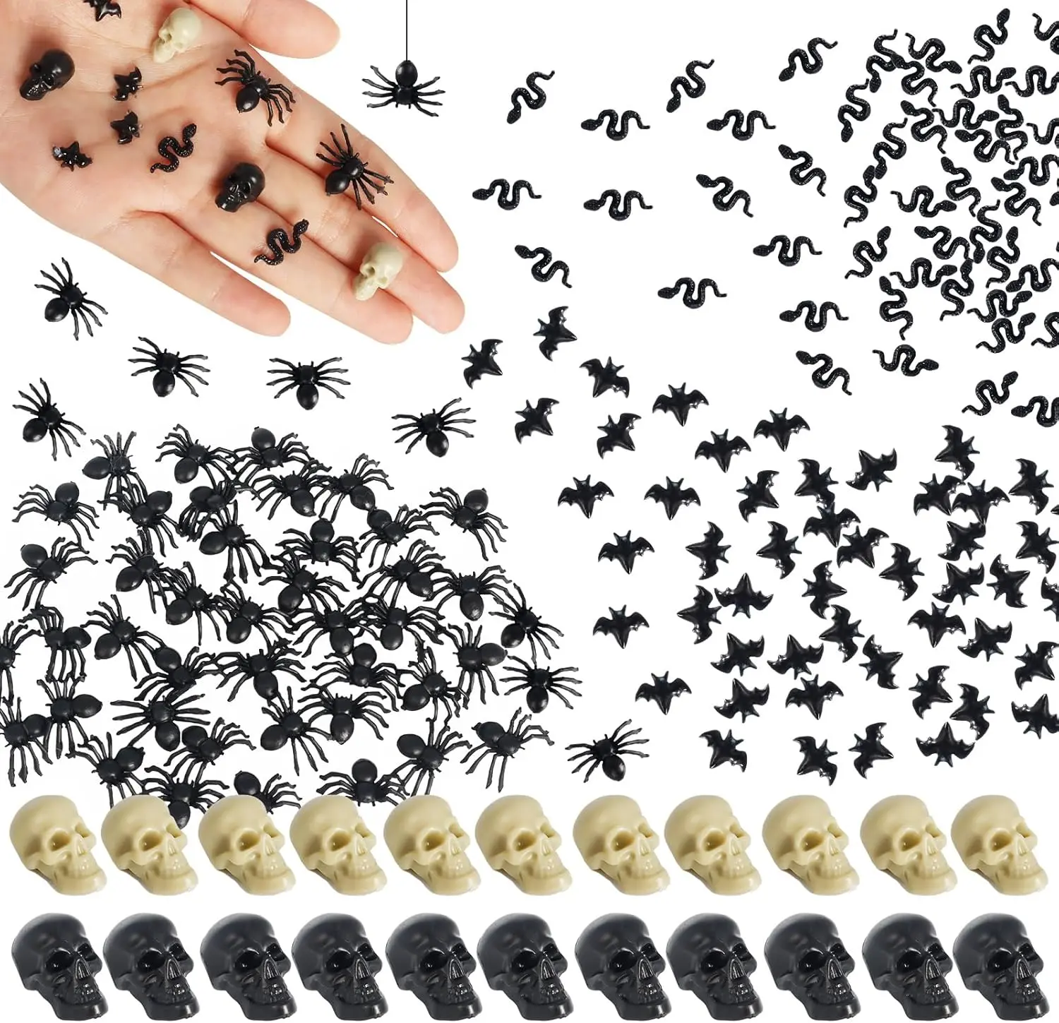 200PCS Halloween Mini Resin Decorations Set - Realistic Mini Spiders, Bats, Skulls, Snakes Props for Haunted House, Party Home Decor