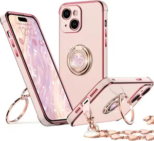 iPhone 15 Case with Stand, Phone Case with Double Ring Kickstand, Women Girls Bling Luxury Protective Case Heart for iPhone 15, Pink