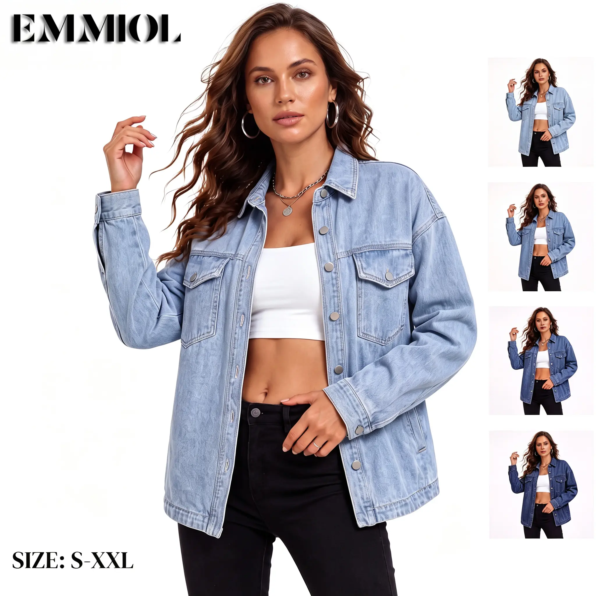 EMMIOL Denim Jacket for Women Vintage, Oversized Jean Jacket Coat 2026,  Denim Shackets, Baggy Denim Coat Denim Shirt for Women Long Sleeve Button Down Blouse Casual Tops Hidden Button, Roll Up Sleeve, V Neck, Relaxed Fit, Oversized Jean Shirt