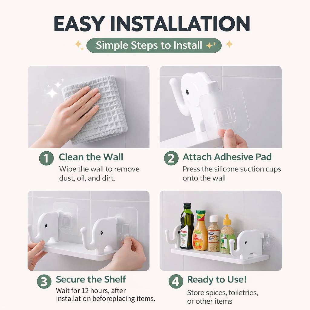 Cute Elephant Wall Shelf – Waterproof Adhesive Wall Organizer, No-Drill Bathroom & Home Storage Rack, Space-Saving Decor Shelf