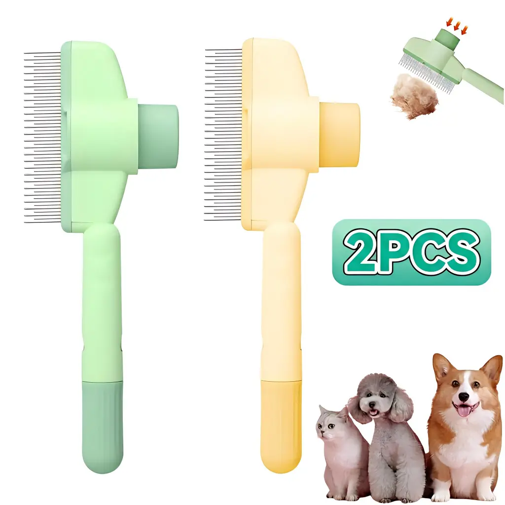 2 PCS Plastic Pet Grooming Fleacomb & Deshedding Brush Set - Universal Dog Grooming Tools with Dual-Action Release Button, Dual-Action Teeth, Stainless Steel Bristles, Ergonomic Handle, Massage & De-Shed, Beauty/Hair Care for All Sizes & Hair Types