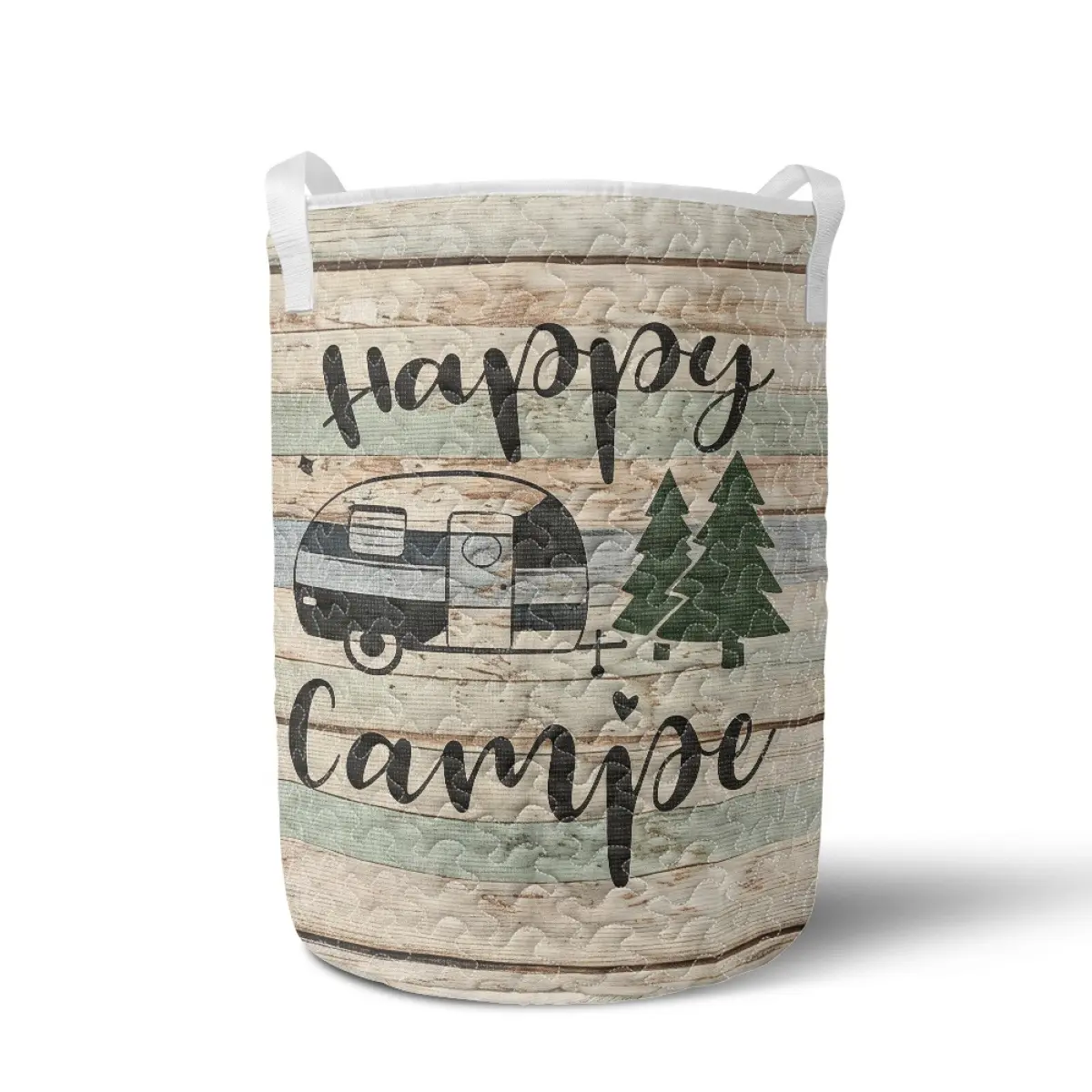 Happy Camper Quilted Camping Laundry Hamper - Vintage Wood-Pattern Portable Storage Organizer Bin for Clothing, Home & Dorm Use