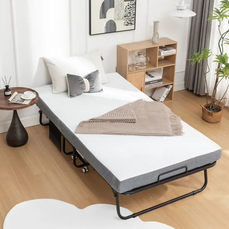 Folding Bed with Mattress and Wheel, Roll Away Beds with Mattresses for Adults,Portable Foldable Best Temporary Bed for Guests,75"x 38" Sturdy Metal Frame, Space-Saving