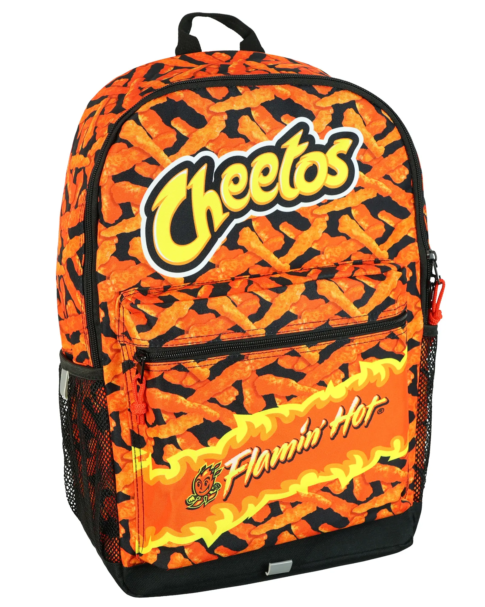 Flamin' Hot Cheetos Snack Print Backpack, Unisex Multipurpose Tote Bag with Adjustable Straps, Mesh Bottle Pockets, 17" One Size for Back to School Haul