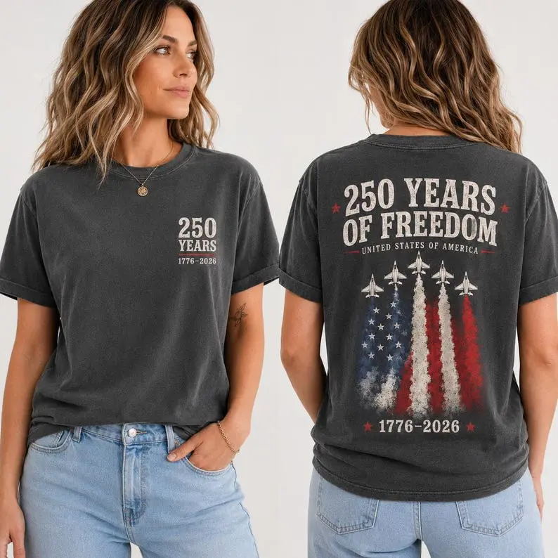 America 250 Shirt, 1776 to 2026 Fighter Jet Tee, Front and Back Print Patriotic Top, 4th of July Shirt, 250 Years of Freedom, USA Graphic