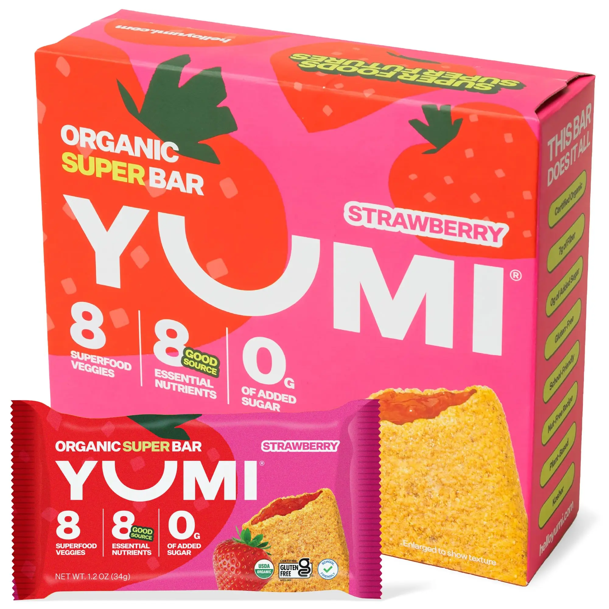 YUMI Organic Breakfast Superbar, Gluten-Free, No Added Sugar, 7+ Vegetables, Soft-Baked Crust, Healthy Snack Bars for Kids, School Safe, Healthy Alternative to Granola Bars or Cereal Bars, Strawberry (30ct)