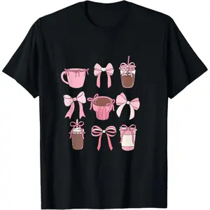 Unisex Cute Hot Iced Coffee and PInk Bows Girly Aesthetic T-Shirt Graphic Casual Round Neck Tee