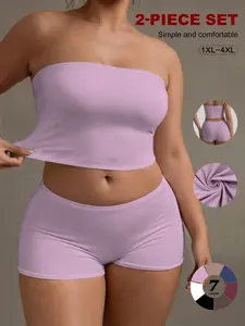 Plus Size 2 Piece Basic Tube Top and Shorts Set, Soft Stretch Strapless Lounge Set, Comfortable and Stylish, Perfect for Relaxing at Home