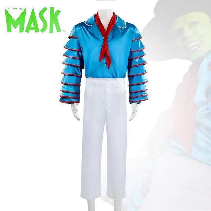 Movie Jim Cosplay Carrey Cosplay Costume Men Blue Shirt Pants with Tie Halloween Carnival Suit The Mask Party Outfit
