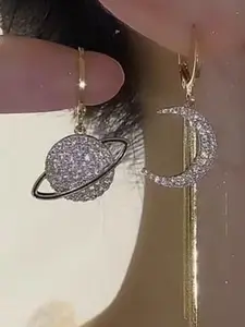 Elegant Asymmetric Planet Moon Earrings, Long Fringe Silver Color Studs, High-End French Style New Trend, Fashionable Women's Jewelry