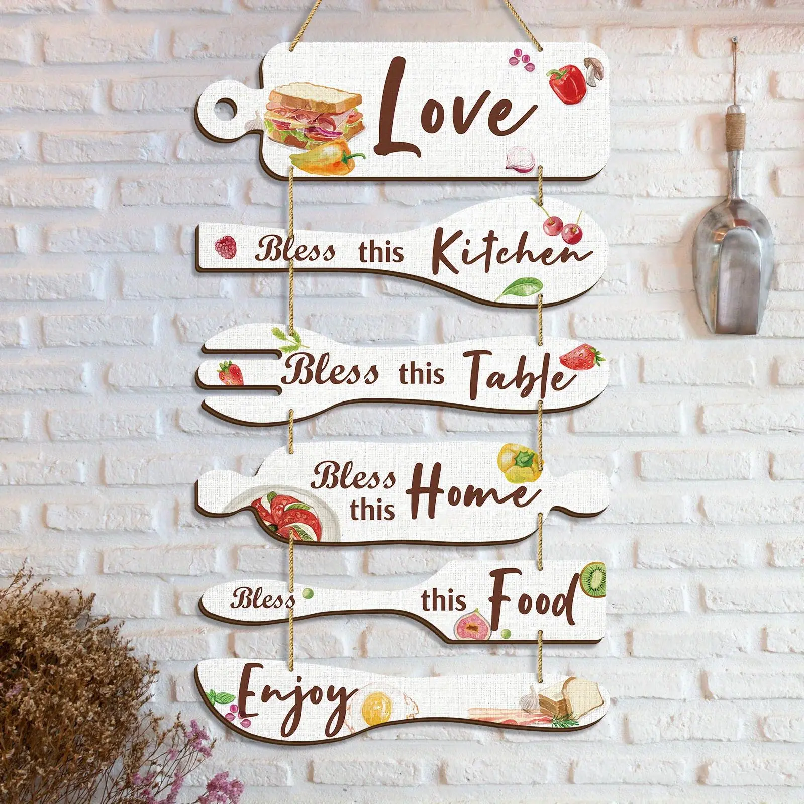 Farmhouse Kitchen Wall Decor, 6 Counts/set Rustic Farmhouse Shabby Chic Design Wooden Hanging Sign, Decorative Hanging Piece, Wall Art Decor for Home Kitchen Dining Room, Hangable, Interior Decoration Accessories