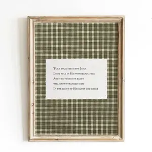 Vintage Green Gingham Christian Hymn Print Wall Art Turn Your Eyes Upon Jesus Striped Bible Verse Rustic Christian Home Decor