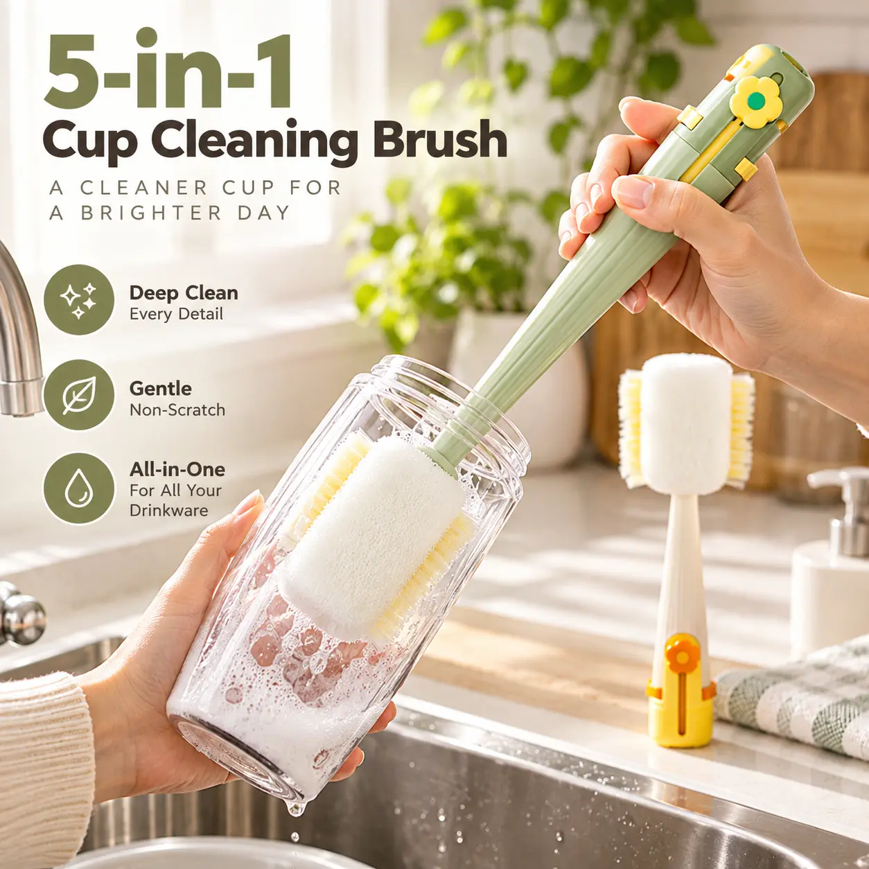 Bottle Cleaner Brush - Chemical-Free Multi-Use Deep Cleaning Brush for All Your Cups, Tumblers, Glassware, No Extra Scrubbers Needed Home Care Dish Tool