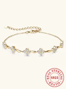 S925 Sterling Silver Synthetic Moissanite Decorated Bracelet, Fashionable Flower Design Bracelet for Women & Girls, Trendy All-match & Exquisite Jewelry for Birthday Gift, Elegant Jewelry Bracelet