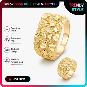 14k Gold Plated No-Fade Nugget Ring, 10MM/12MM Fashion Costume Jewelry for Men, Women