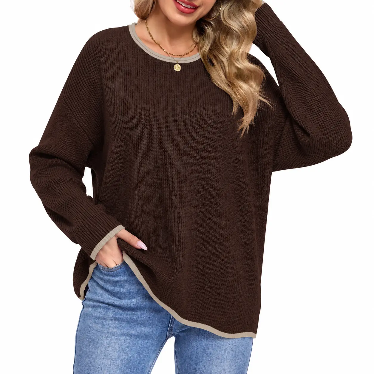MOLERANI Women's Minimalist Ribbed Knit Sweaters - Casual Crew Neck Long Sleeve Basic Lightweight Soft Oversized Loose Pullover Tops with Contrast 2026 Fall Winter Outfits Layer Sohochic