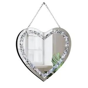 Crystal Crush Diamond Heart Shaped Silver Mirror with Chain Frameless Glam For Wall Decoration 12x12x0.5 inch