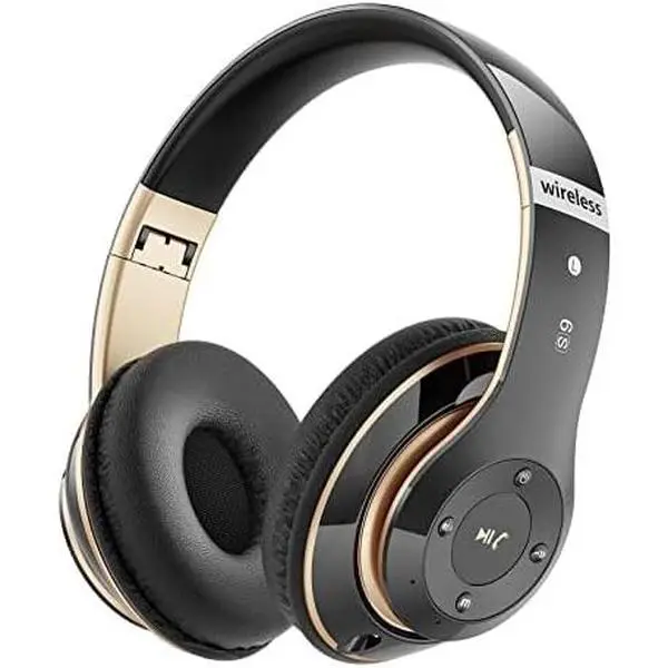 Headphones Over Ear, 6S Wireless Headphones Wired with 6 EQ Modes, 40 Hours Playtime Foldable HiFi Stereo Headset with Microphone, FM/TF for Cellphone/PC/Work (Black & Gold)