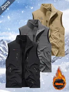 Men's Autumn Winter Double-Sided Wear Fleece Lined Stand Collar Vest Coat with Multi Pockets, Full Zip Closure, Suitable for Outdoor Camping Photography Fishing
