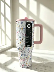 HydroJug 40oz Floral Tumbler with Handle and Straw, Insulated Stainless Steel Travel Mug, Leakproof Large Water Bottle with Cute Flower Pattern, BPA-Free Double Wall Vacuum Cup Keeps Ice Cold 24H, Car Cup Holder Friendly