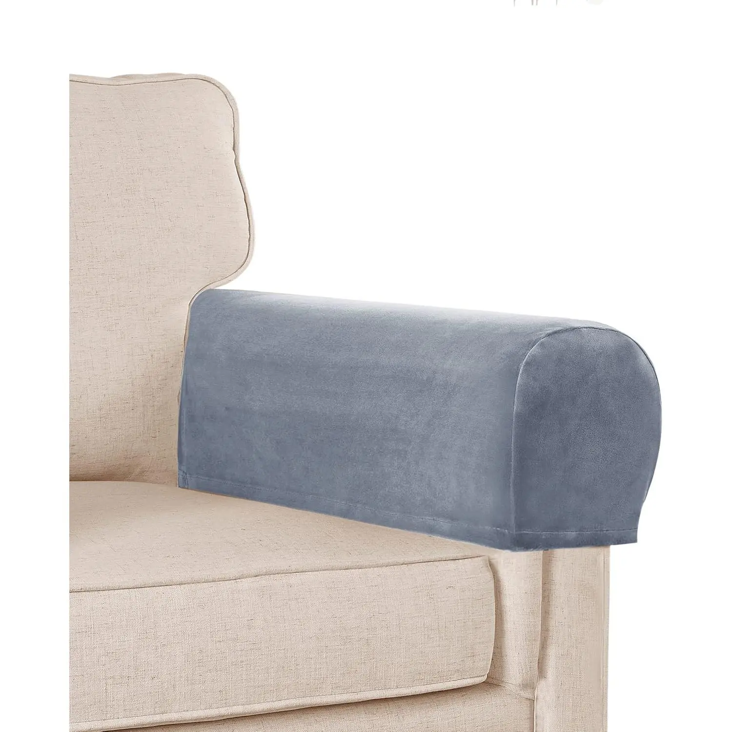 Stretch  Plush Armrest Covers for Chairs and Sofas - Anti-Slip Couch Protector With Sticker - Furniture Arm Cover for Sofa, Chair, Recliner - Set of 2, Stone Blue