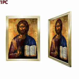 1pc Framed Gold Frame  Religious Icon Art Byzantine Style Jesus Christ Holding Scroll Canvas Art Print For Living Room Bedroom Church Decor With Gold Frame Finish
