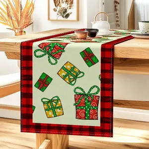 1pc,  Red And Black Plaid And Gift Box Pattern Print Design Table Runner Polyester Fabric Kitchen Dining Table Cover Holiday Party Tablecloth Home Decoration