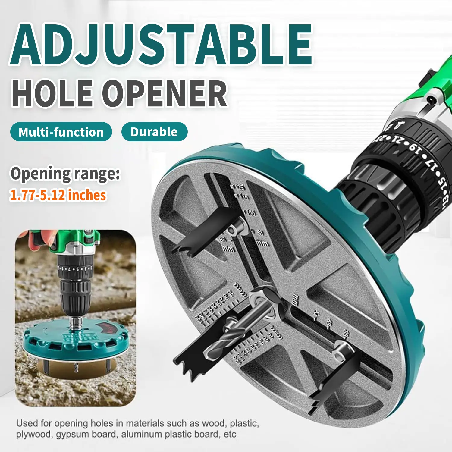 Adjustable Hole Opener with 6 Extra Replaceable Blades, Punch Range 1.77-5.12 inches, Woodworking Punching Saw Tool